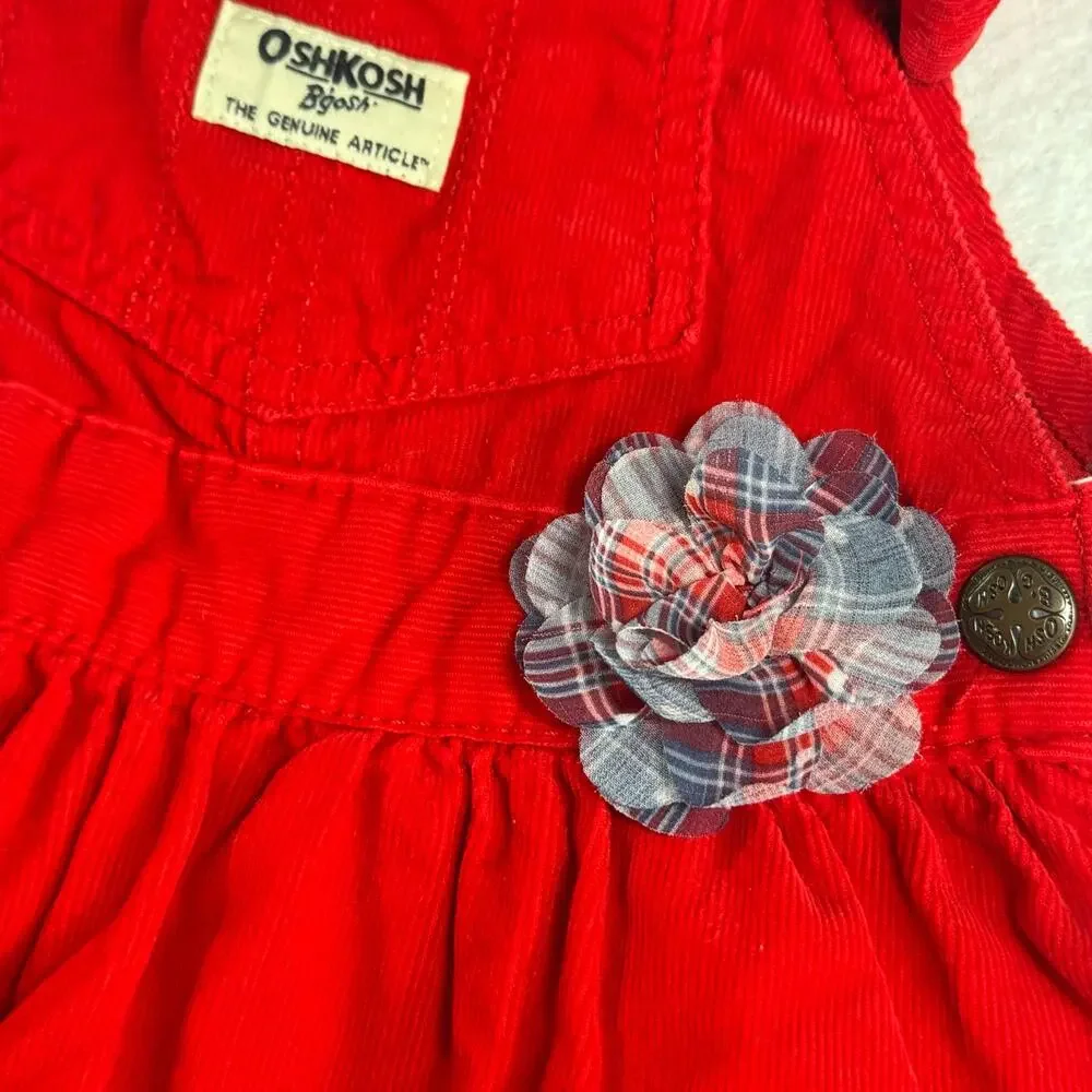 OshKosh B'Gosh 18M Corduroy Dress Red Ruffles Flower Rew White Blue